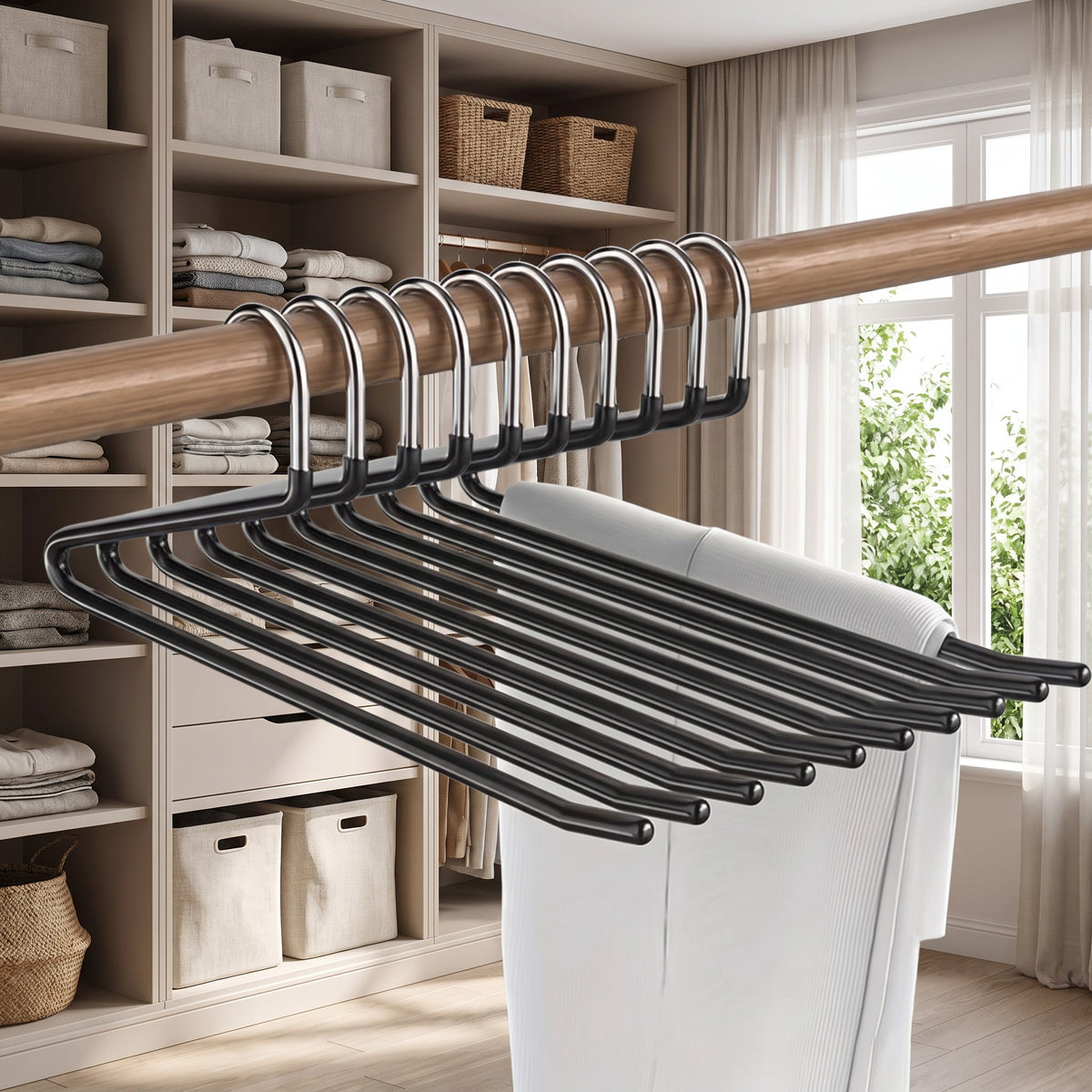 Row of black Z shape pants hangers on a closet rod by a window