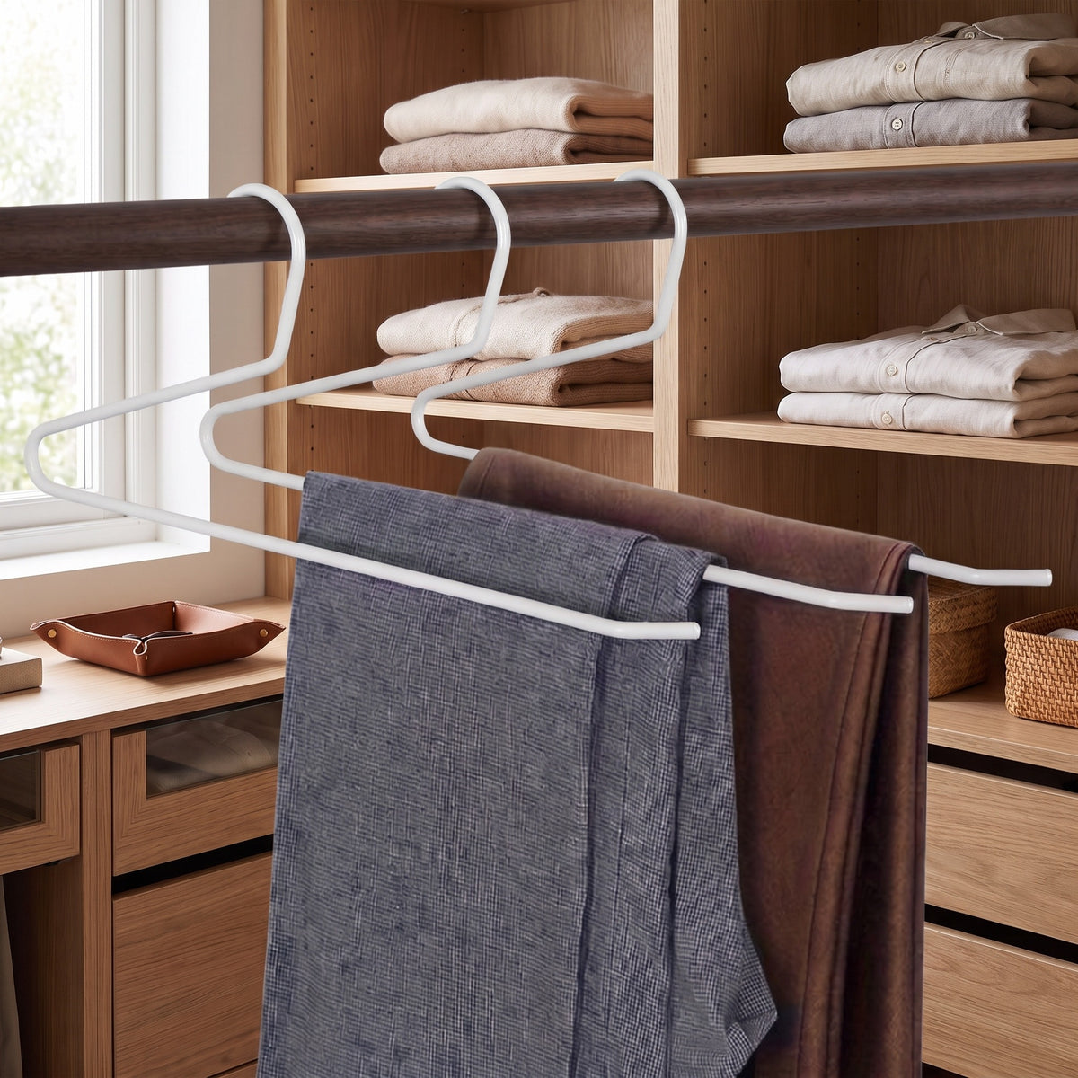 Three snow white Z shape pants hangers on a walnut closet rod holding gray and brown trousers